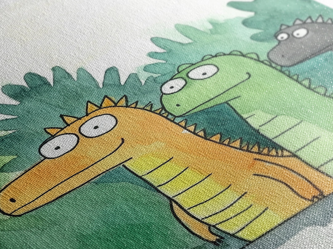 Three Cute Dinosaurs In Green Jungle Wall Art, Whimsical Animal Nursery Decor, Kids Room Art Print, Colorful Canvas Print