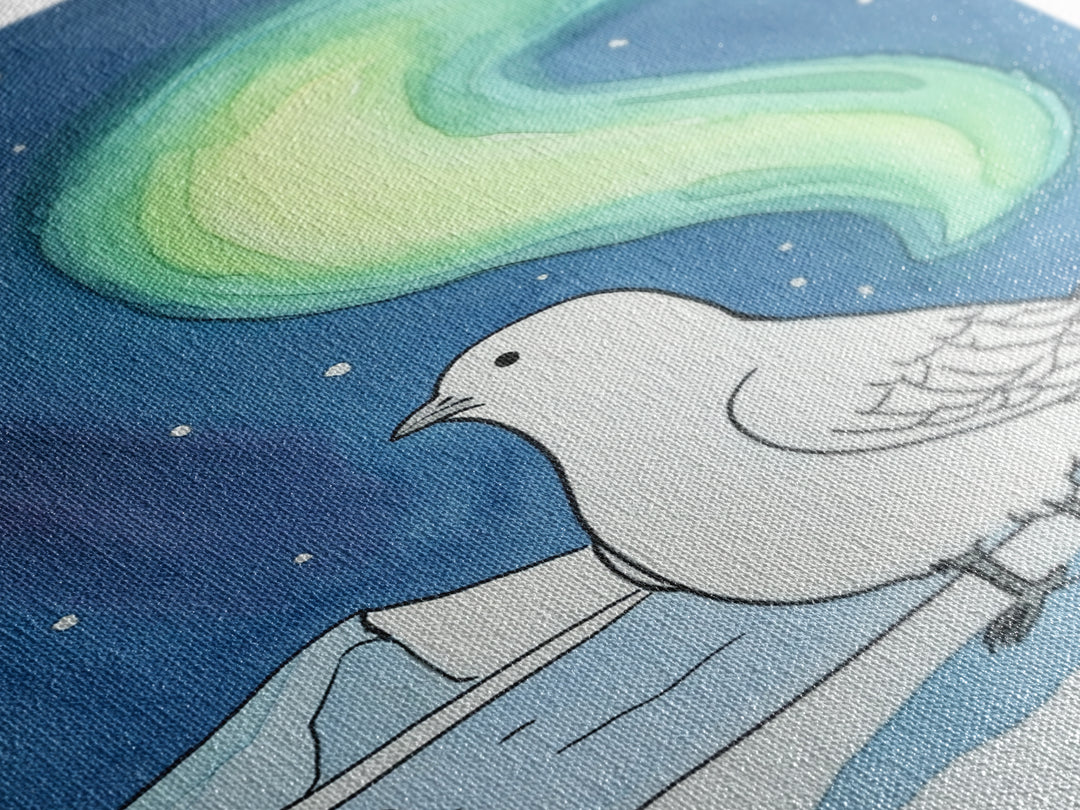 White Arctic Bird Beneath Northern Lights Wall Art, Winter Nature Decor, Celestial Bird Art Print, Peaceful Canvas Print