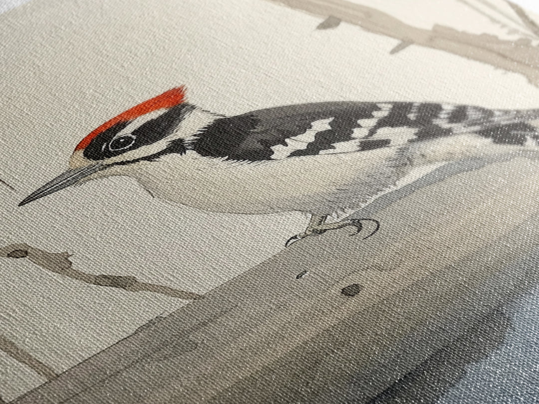 Red Crown Woodpecker On Winter Log Wall Art, Minimalist Bird Print, Woodland Nursery Decor, Rustic Nature Art, Cabin Decor