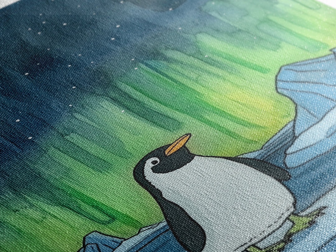Penguin Under Northern Lights Canvas Print, Arctic Animal Wall Art, Kids Room Decor, Aurora Nursery Art, Gift For Him, Home Decor