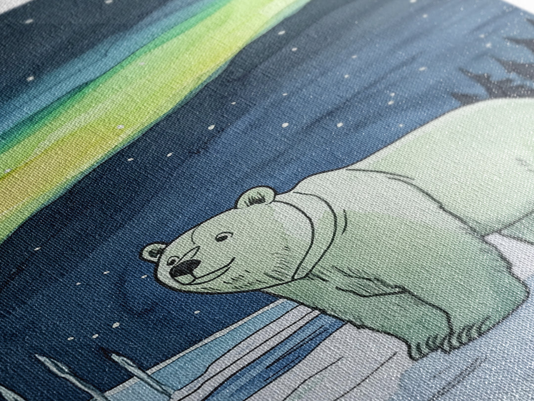 Polar Bear Under Northern Lights Wall Art, Arctic Wildlife Canvas Print, Winter Nature Decor, Nursery Gift For Kids Room