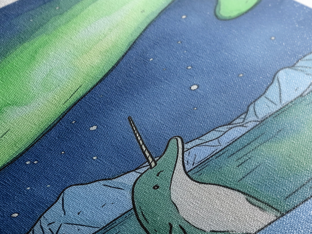 Whimsical Narwhal Under Northern Lights Canvas Print, Arctic Ocean Animal Wall Art, Nursery Decor And Kids Room Gift For Her
