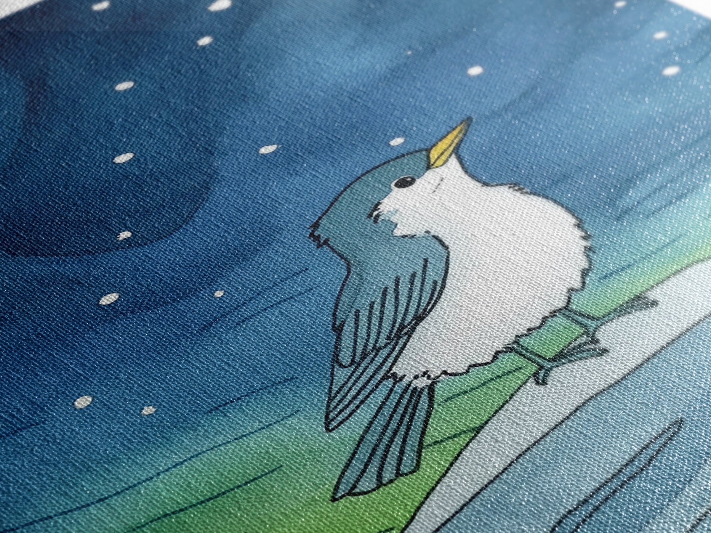 Cute Arctic Bird On Ice Under Aurora Canvas Print, Whimsical Animal Wall Art, Nursery Decor And Kids Room Decor Gift For Bird Lover