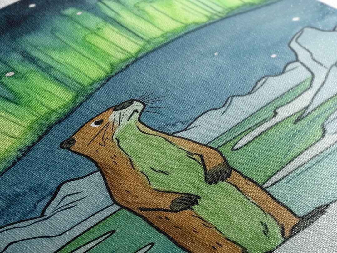 Curious Otter Under Green Aurora Wall Art, Arctic Animal Print, Northern Lights Decor, Whimsical Nursery And Kids Room Art