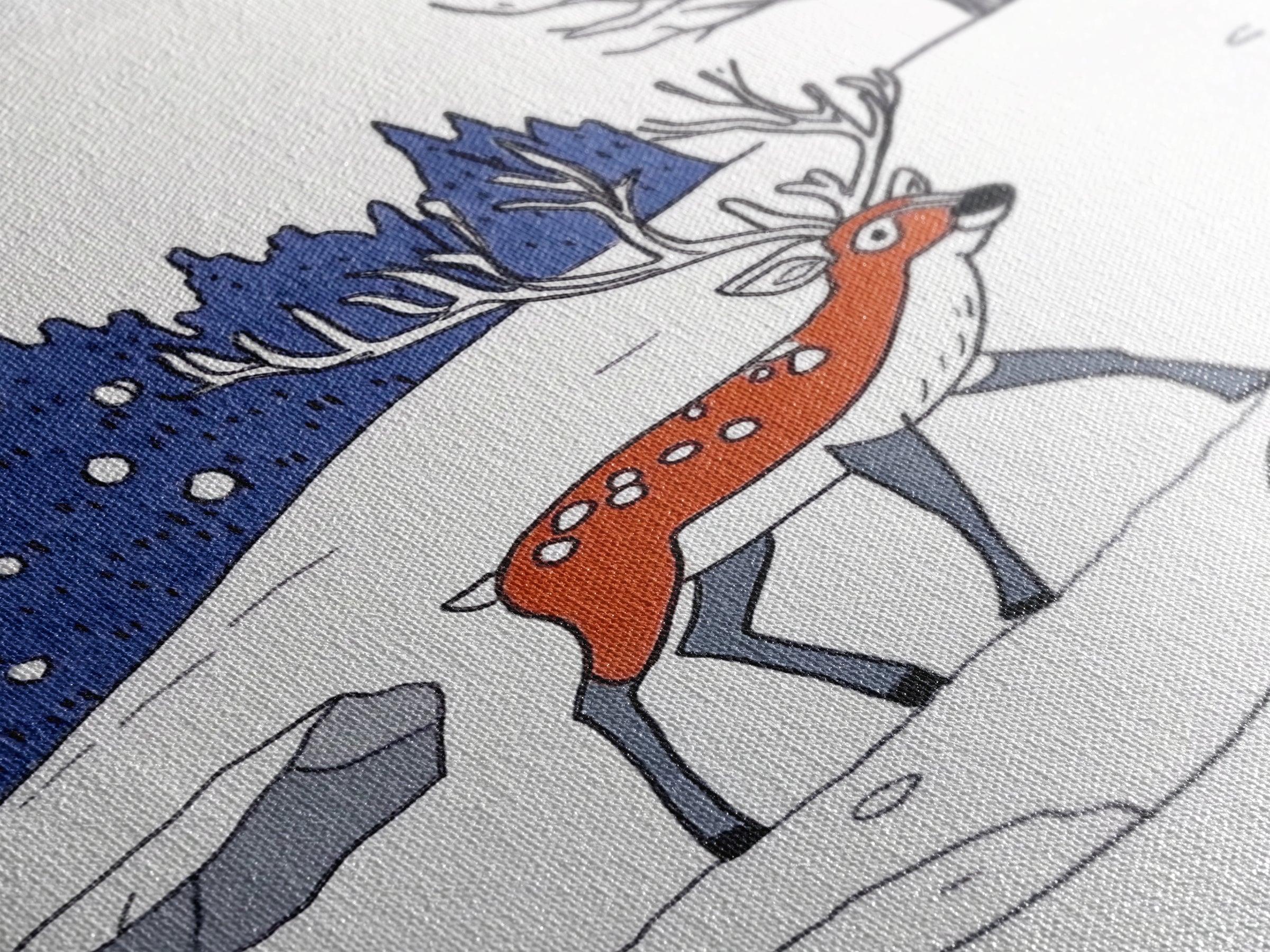 Red Reindeer In Snowy Forest Wall Art, Whimsical Winter Nursery Print, Woodland Animal Decor, Christmas Gift For Kids Room Decor