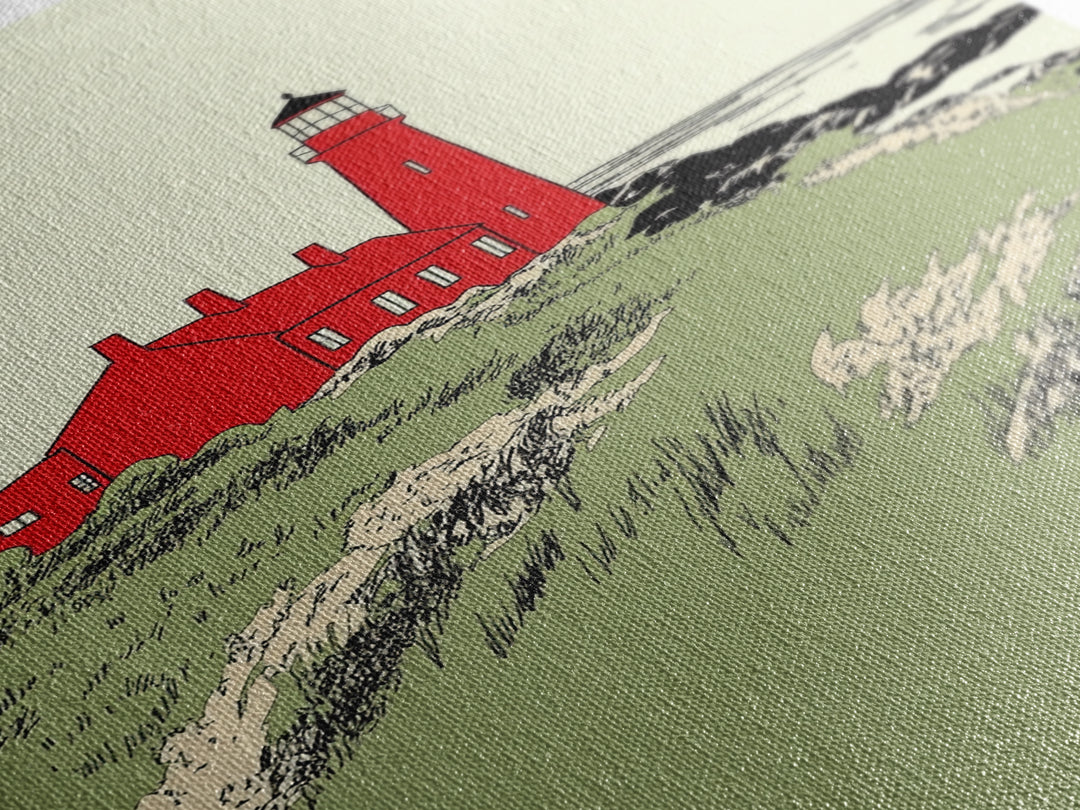 Red Coastal Lighthouse Canvas Print, Nautical Beach House Wall Art, Seascape Landscape Poster, Ocean Home Decor Gift For Her