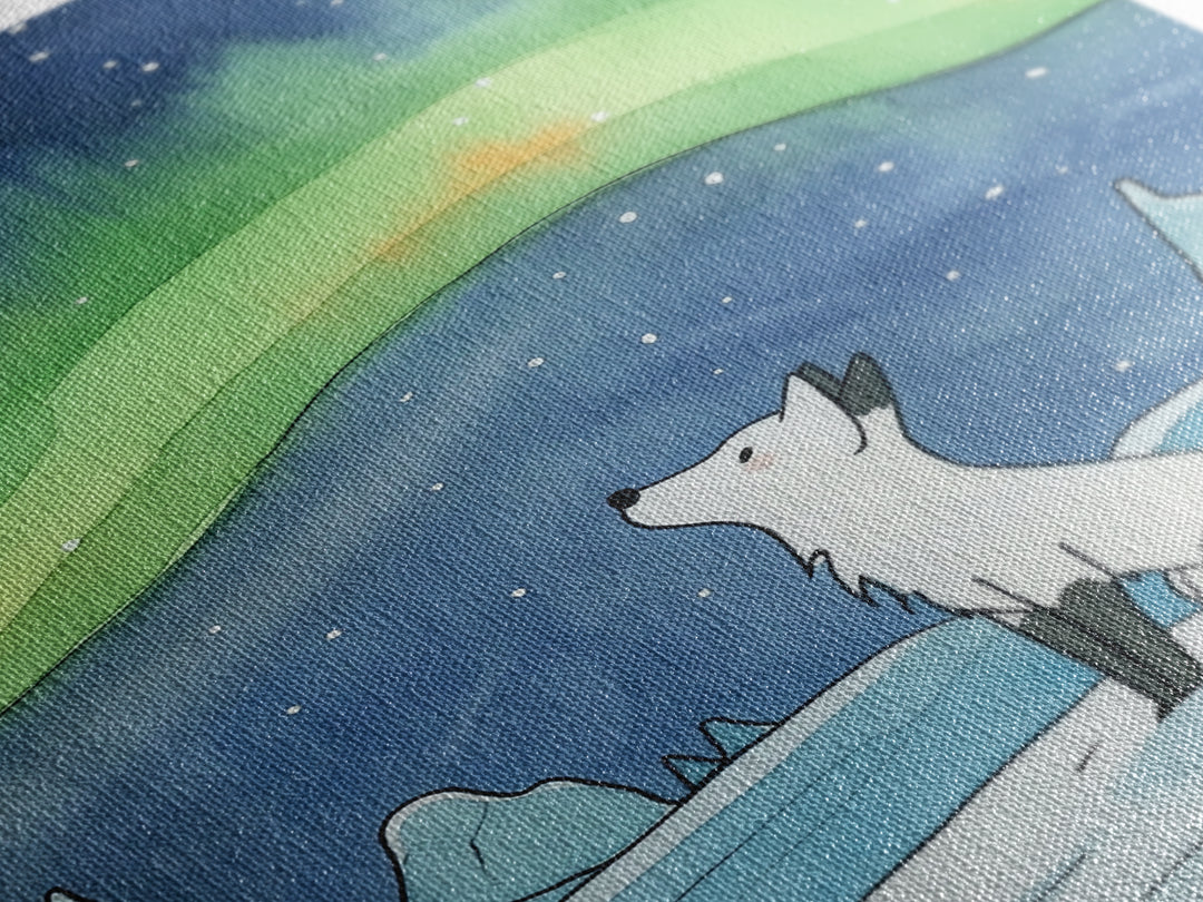 White Arctic Fox Under Aurora Wall Art, Celestial Night Sky Print, Winter Nursery Decor, Whimsical Wildlife Wall Decor, Gift For Her