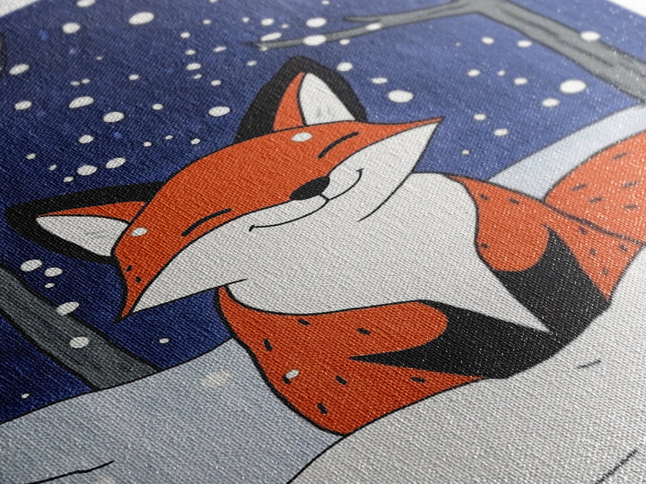 Smiling Red Fox In Falling Snow Wall Art, Cute Woodland Animal Art Print, Winter Nursery Decor, Whimsical Kids Room Decor