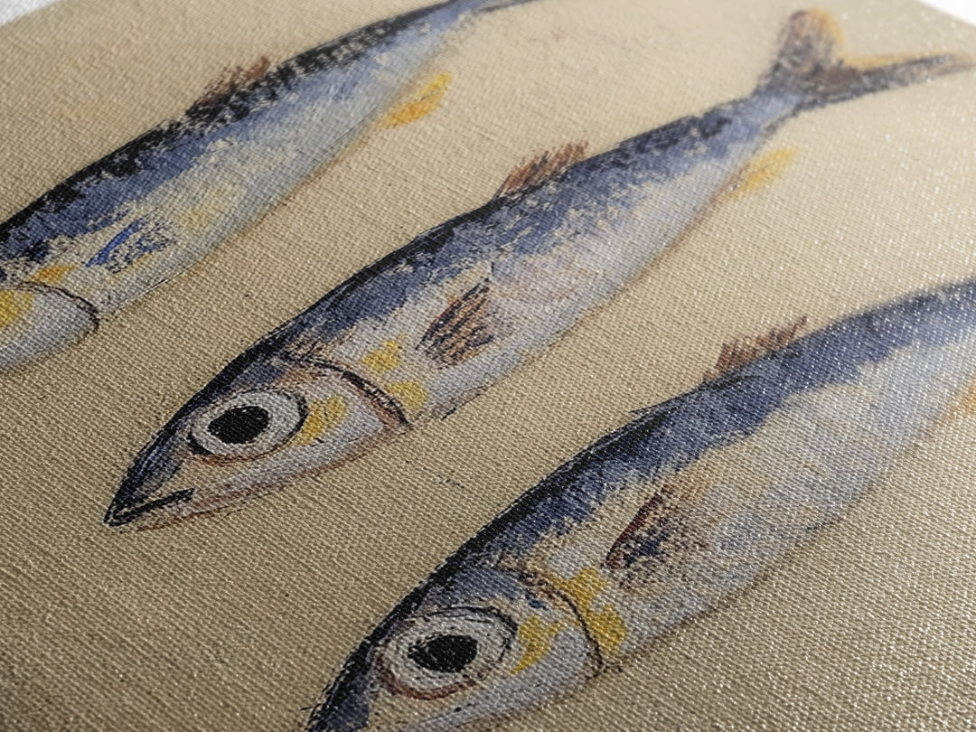 Three Silver Sardine Fish Painting Wall Art, Coastal Kitchen Decor, Nautical Sea Life Canvas, Beach House Gift Print For Home Decor