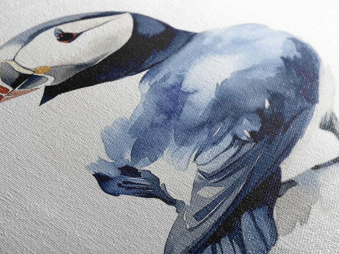 Puffin Bird Watercolor Canvas Print, Coastal Wildlife Wall Art, Nautical Nursery Decor, Ocean Animal Gift, Blue Seabird Art