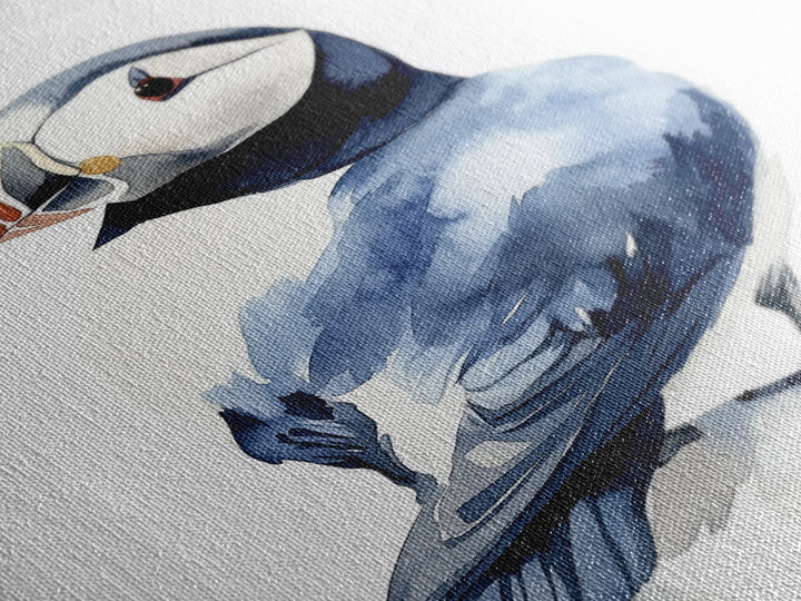 Puffin Bird Watercolor Canvas Print, Coastal Wildlife Wall Art, Nautical Nursery Decor, Ocean Animal Gift, Blue Seabird Art