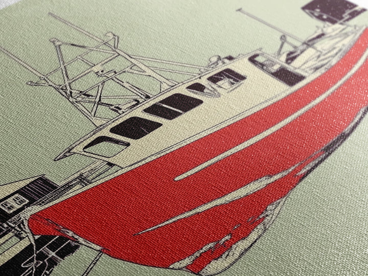 Red Fishing Boat In Harbor Wall Art, Nautical Coastal Canvas Print, Beach House Decor, Maritime Living Room Art Gift For Him
