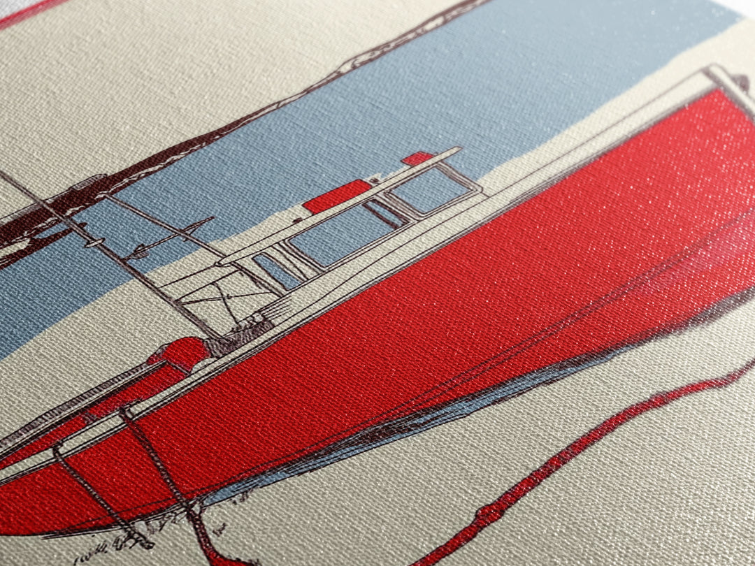 Red Lobster Boat On Blue Bay Wall Art, Nautical Coastal Canvas Print, Beach House Decor, Maritime Seascape Art Gift For Him