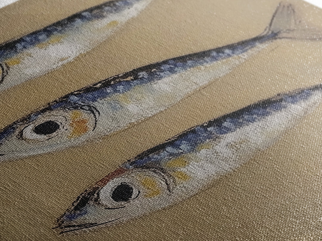 Three Blue Sardines On Beige Canvas Print, Coastal Kitchen Wall Art, Nautical Seafood Decor, Beach House Gift For Dining Room Home Decor