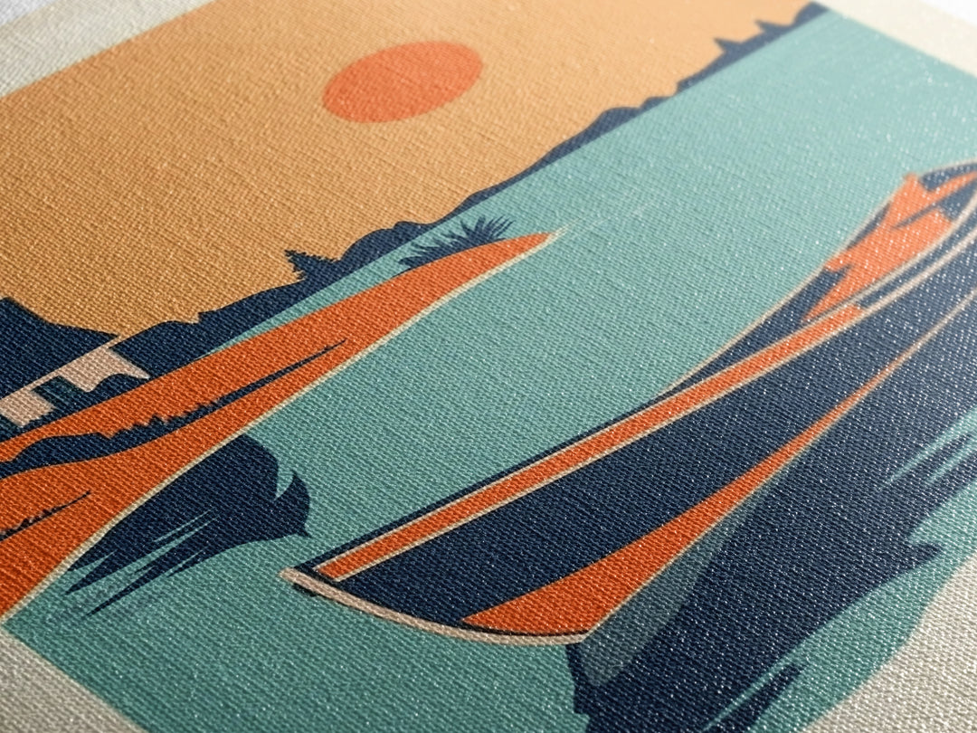 Orange Sunset Boat And Church Wall Art, Coastal Travel Poster, Lake House Decor, Nautical Canvas Print, Summer Beach Gift