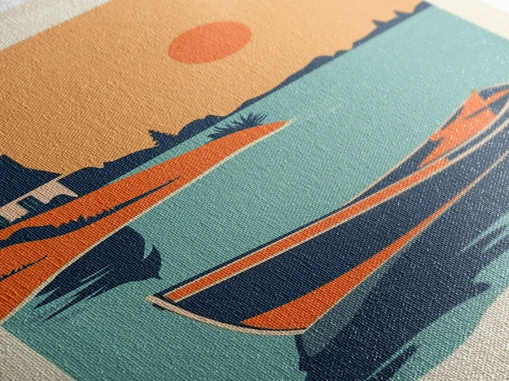 Orange Sunset Boat And Church Wall Art, Coastal Travel Poster, Lake House Decor, Nautical Canvas Print, Summer Beach Gift