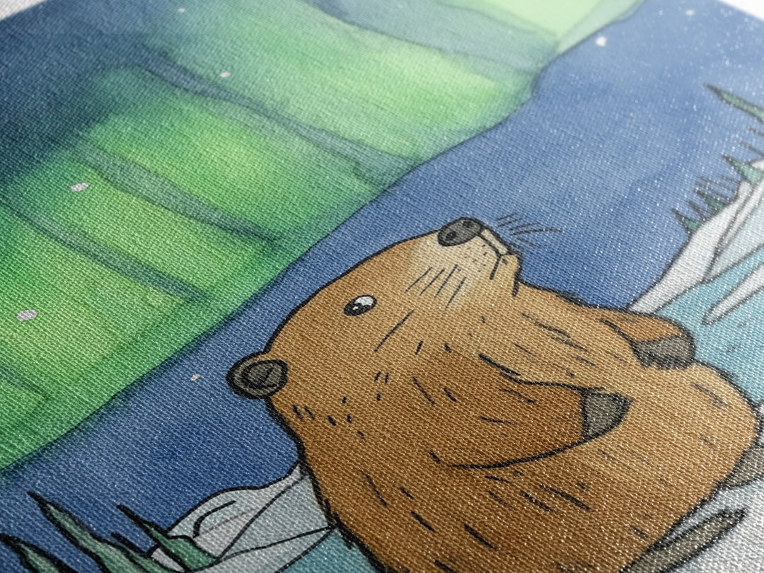 Whimsical Beaver Aurora Wall Art, Northern Lights Animal Print, Winter Nursery Decor, Woodland Animal Gift, Cozy Kids Room Decor