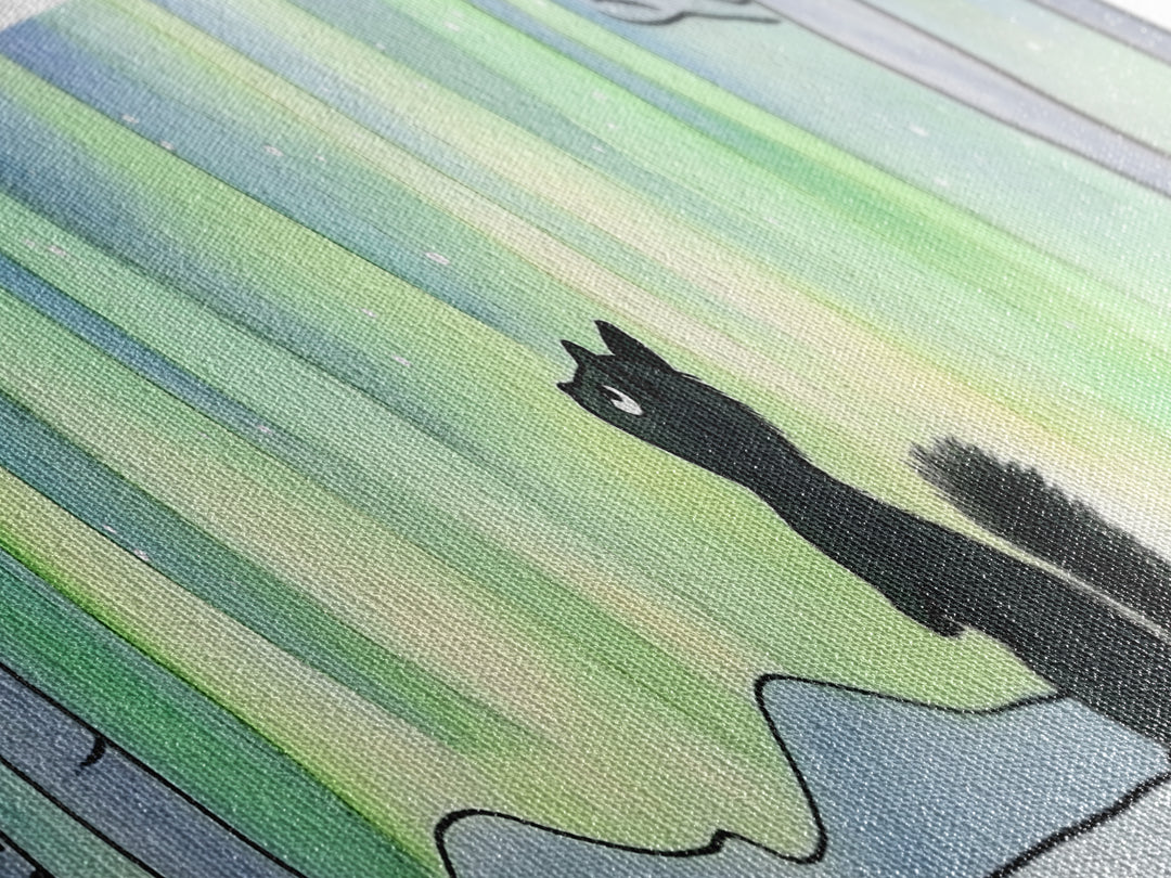 Black Squirrel Under Aurora Forest Wall Art, Winter Woodland Animal Print, Cute Nursery Decor, Northern Lights Wall Decor