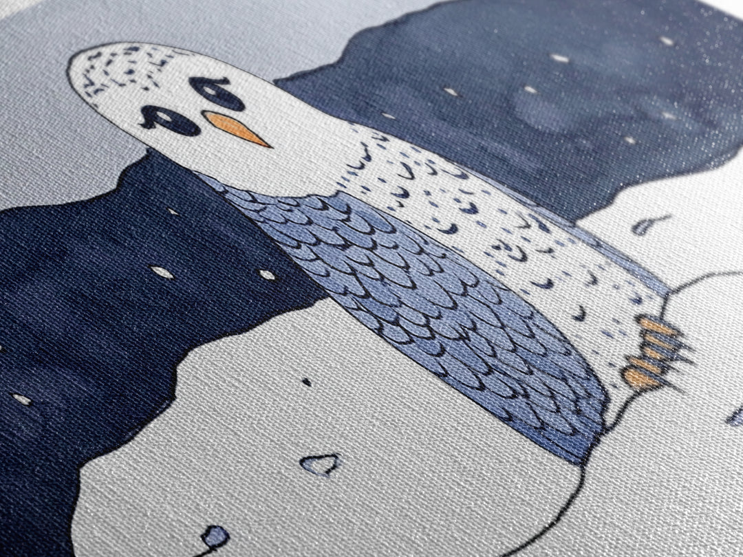 Cute Snowy Owl In Winter Snow Canvas Print, Arctic Bird Wall Art, Nursery Animal Decor, Blue Night Landscape Art Print Gift