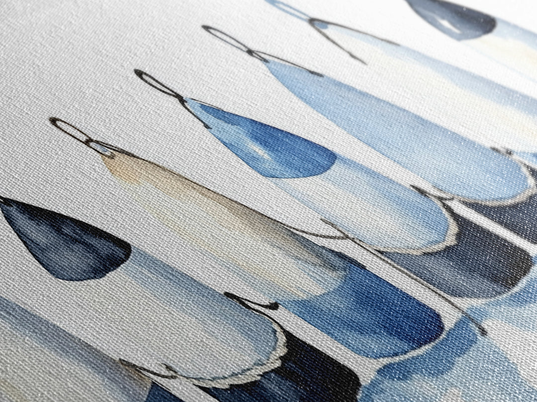 Blue And White Fishing Buoys Wall Art, Nautical Canvas Print, Coastal Bathroom Decor, Beach House Gallery Print, Ocean Wall Decor