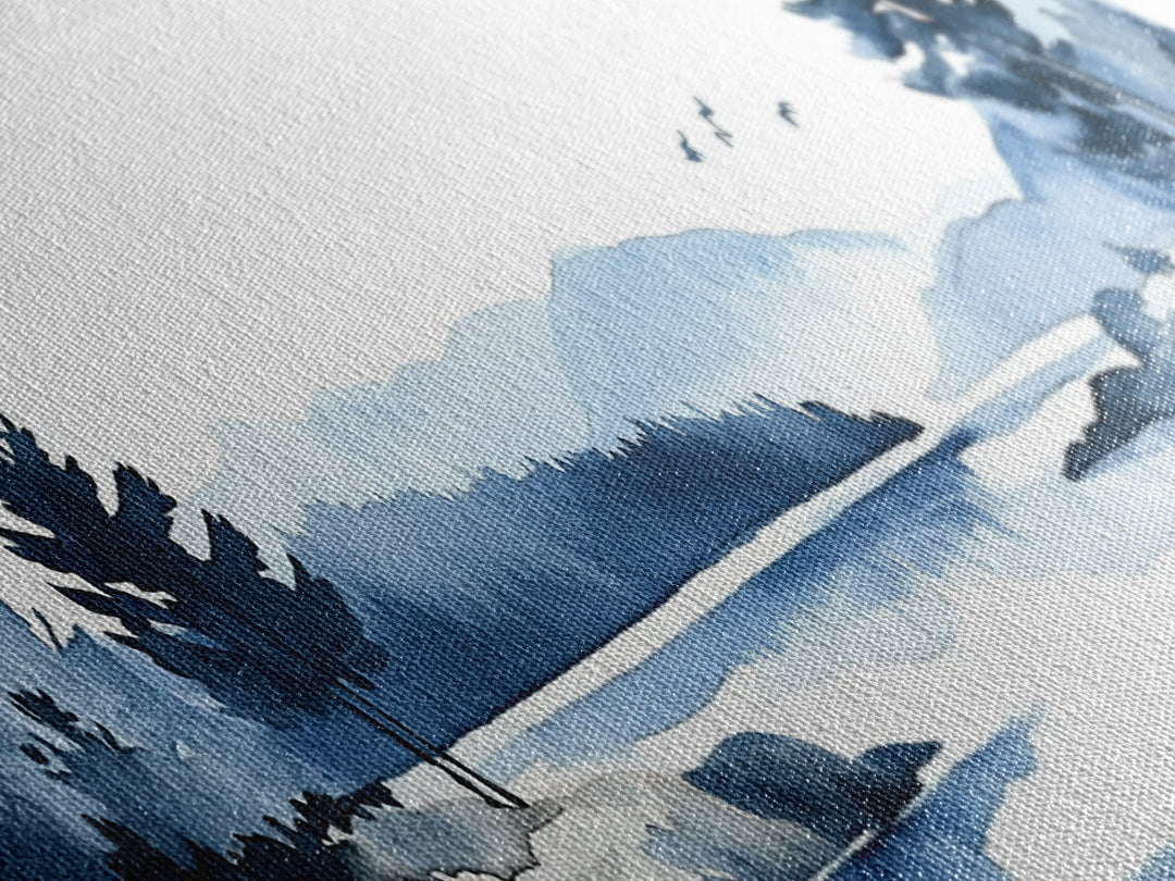 Blue Winter Lake And Pine Trees Wall Art, Watercolor Mountain Landscape Print, Coastal Cabin Decor, Serene Living Room Art