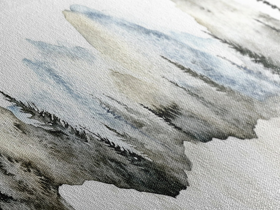 Misty Blue Mountains With Evergreen Pines Wall Art, Watercolor Landscape Print, Neutral Nature Decor, Japandi Bedroom Art