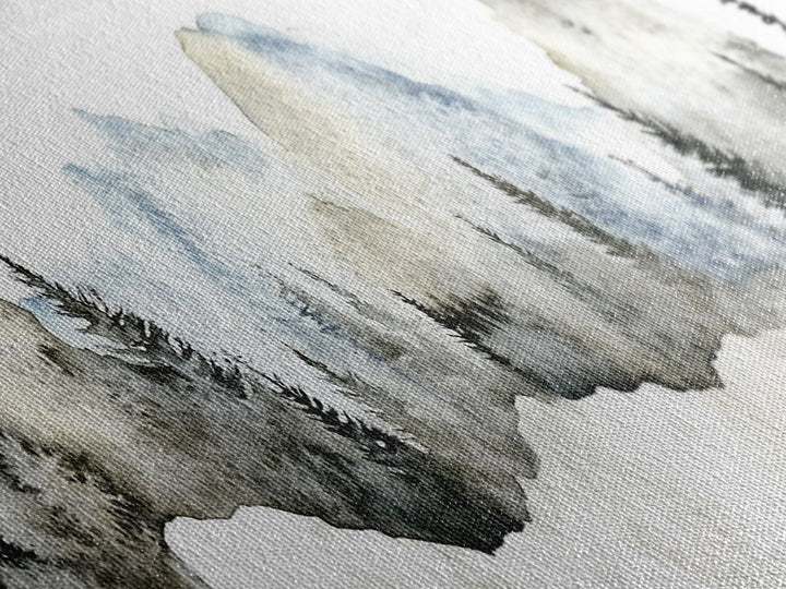 Misty Blue Mountains With Evergreen Pines Wall Art, Watercolor Landscape Print, Neutral Nature Decor, Japandi Bedroom Art
