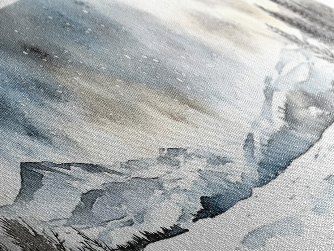 Snowy Mountain Valley Beneath Starry Sky Wall Art, Winter Landscape Painting, Rustic Nature Decor, Cabin Wall Decor Gift