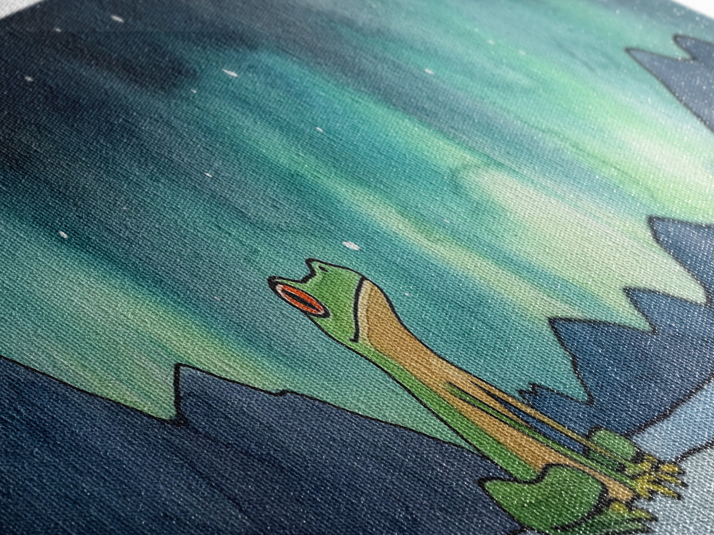 Green Frog Under Northern Lights Wall Art, Whimsical Animal Print, Mountain Lake Nursery Decor, Kids Room Wall Decor Gift