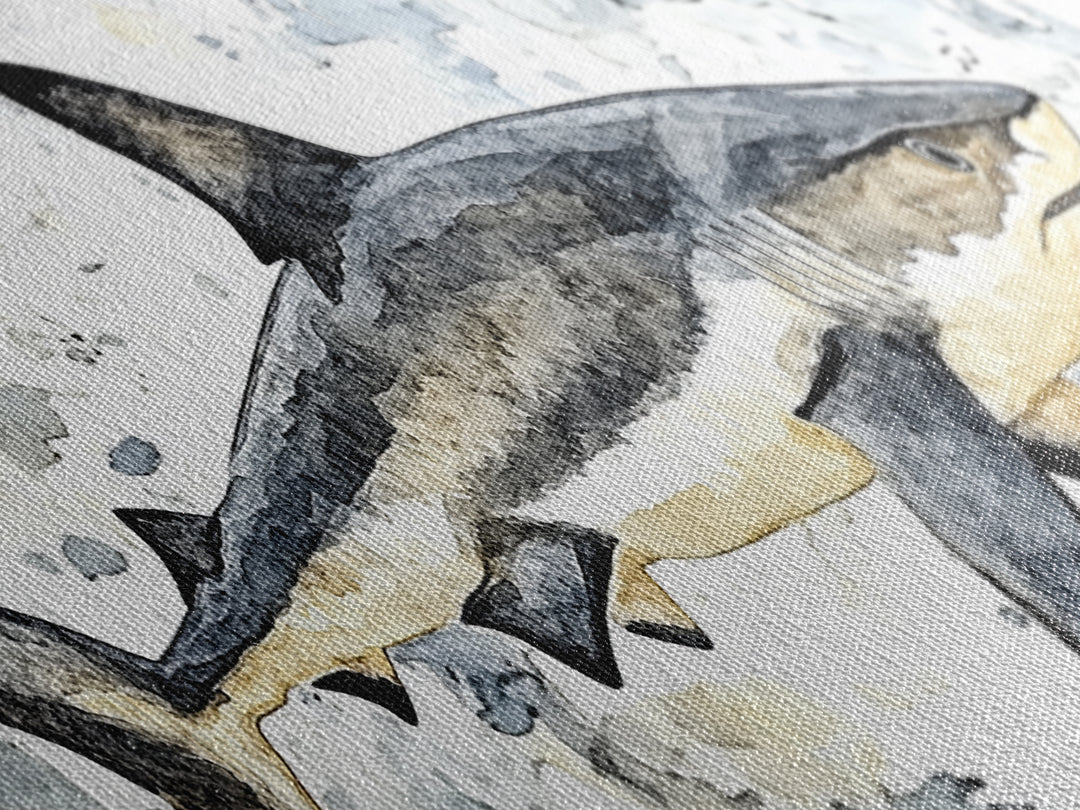 Great White Shark Watercolor Canvas Print, Ocean Wildlife Wall Art, Nautical Bathroom Decor, Coastal Kids Room Art Print