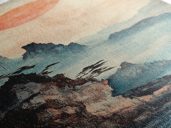 Red Sun Misty Mountain Wall Art, Japanese Landscape Canvas Print, Moody Asian Decor, Serene Nature Art For Living Room Decor