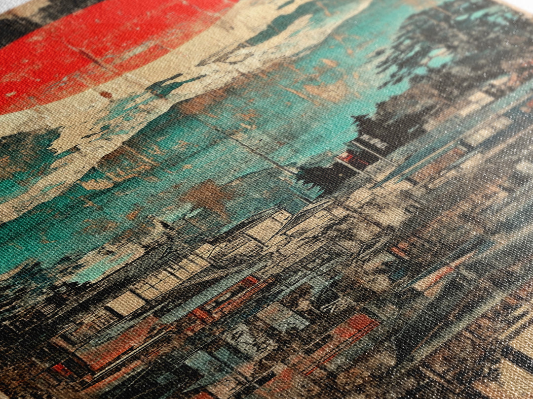 Red Sun Mountain Town Wall Art, Japanese Landscape Canvas Print, Rustic Wabi Sabi Decor, Teal Blue Living Room Wall Art Print