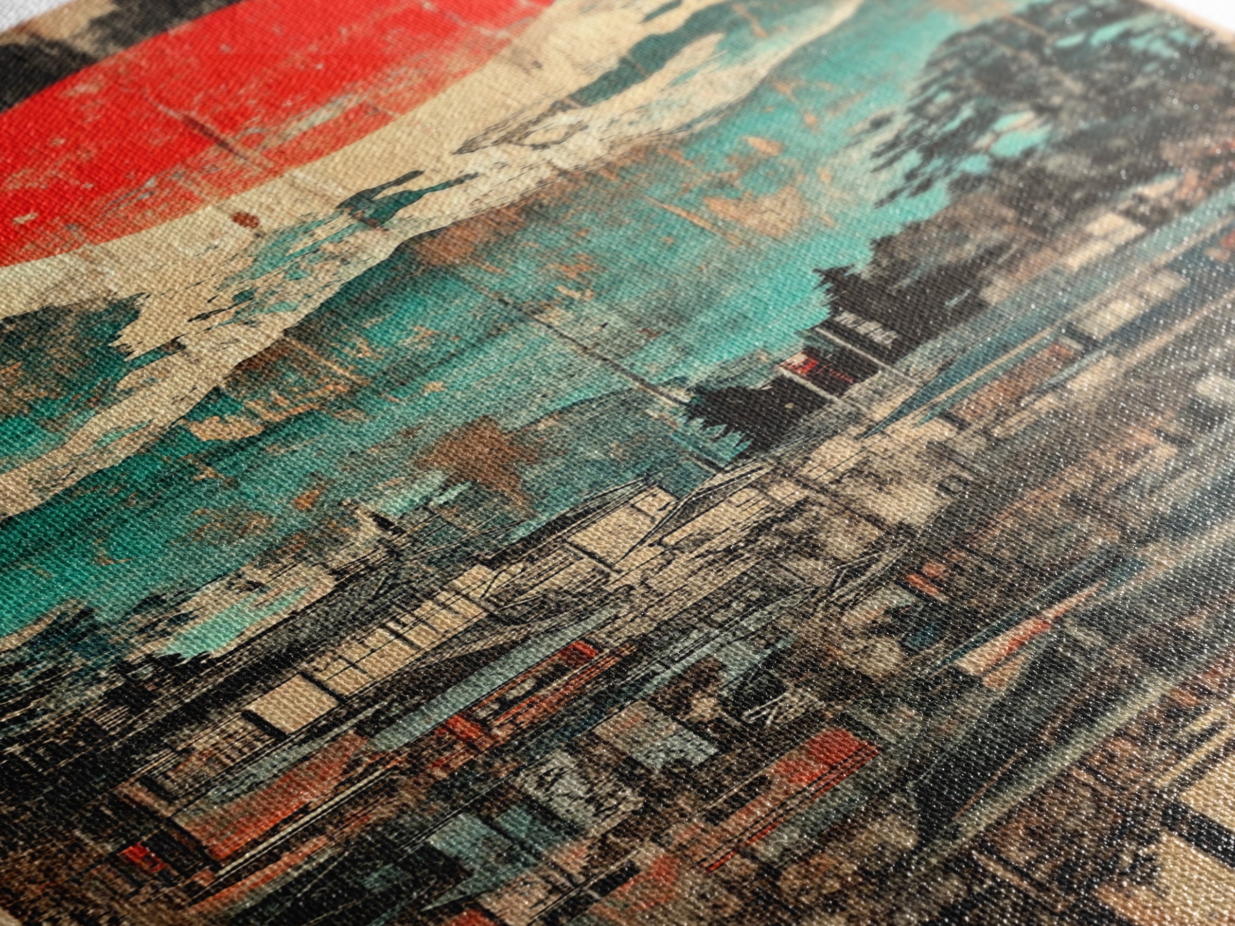 Red Sun Mountain Town Wall Art, Japanese Landscape Canvas Print, Rustic Wabi Sabi Decor, Teal Blue Living Room Wall Art Print