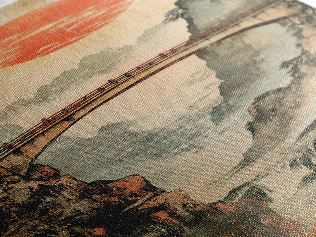 Misty Gorge Bridge And Red Sun Canvas Print, Japanese Landscape Wall Art, Zen Home Decor, Waterfall Art, Japandi Wall Decor