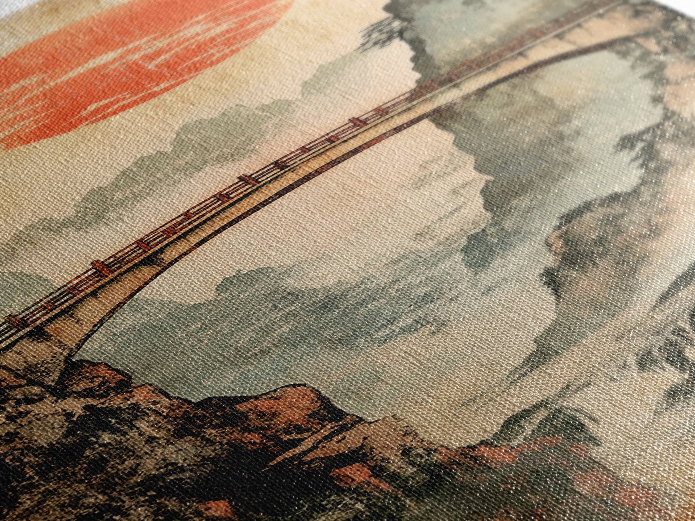 Misty Gorge Bridge And Red Sun Canvas Print, Japanese Landscape Wall Art, Zen Home Decor, Waterfall Art, Japandi Wall Decor