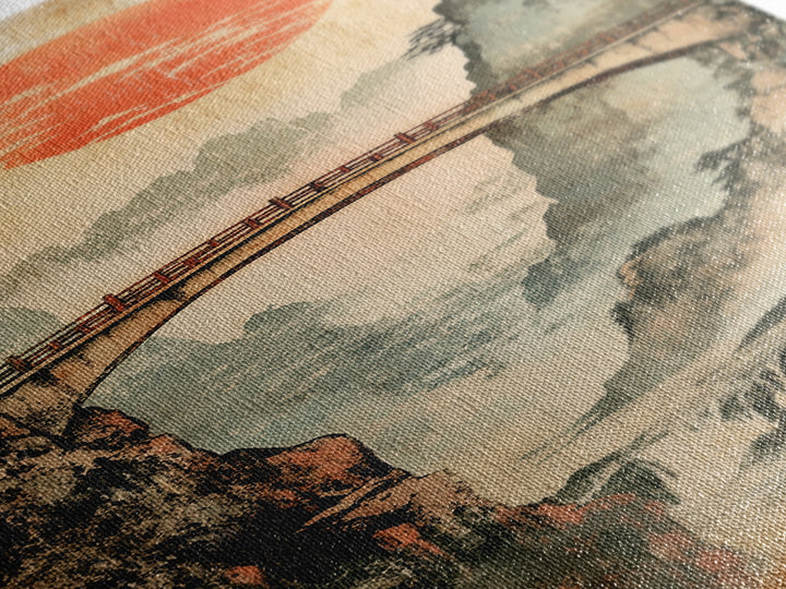 Misty Gorge Bridge And Red Sun Canvas Print, Japanese Landscape Wall Art, Zen Home Decor, Waterfall Art, Japandi Wall Decor