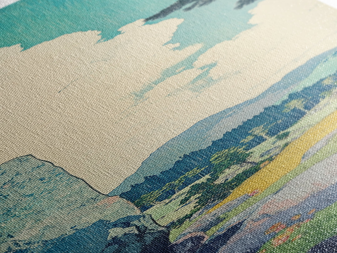 Blue Sky Cloud Meadow And Stone Wall Art, Japanese Landscape Canvas Print, Minimalist Nature Art, Serene Decor, Japandi Print