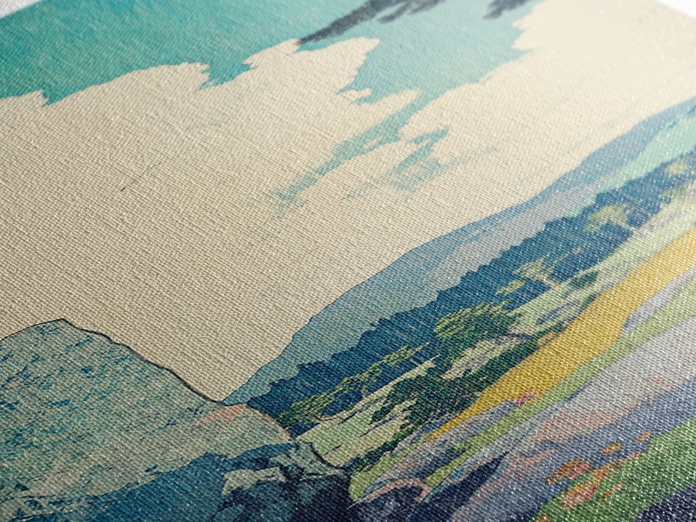 Blue Sky Cloud Meadow And Stone Wall Art, Japanese Landscape Canvas Print, Minimalist Nature Art, Serene Decor, Japandi Print
