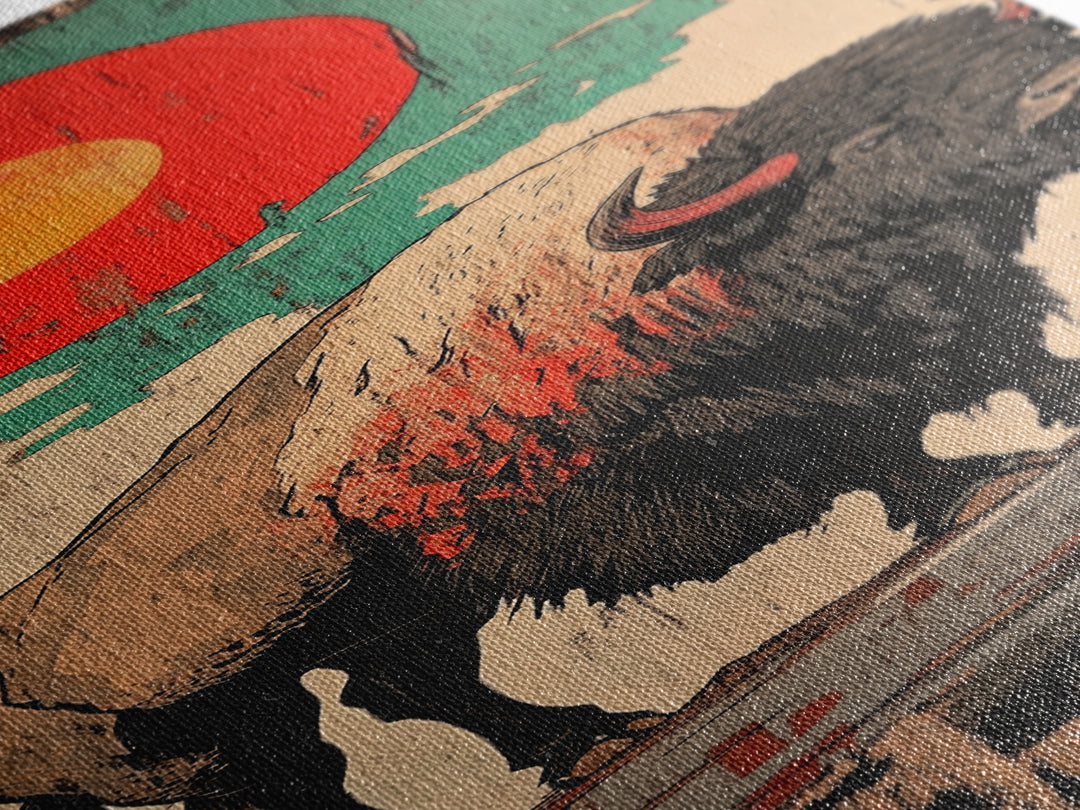 Red Sun Bison Wall Art, Bold Western Buffalo Canvas Print, Rustic Lodge Decor, Teal Desert Artwork, Housewarming Gift, Man Cave Decor