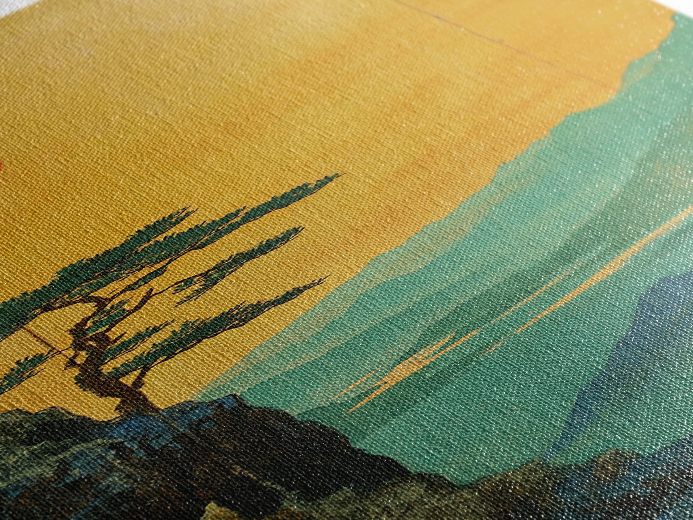 Orange Sun Cliff Pine Mountain Wall Art, Japanese Landscape Canvas Print, Japandi Home Decor, Long Narrow Wall Decor Gift