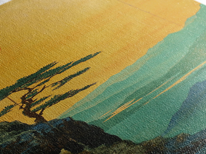 Orange Sun Cliff Pine Mountain Wall Art, Japanese Landscape Canvas Print, Japandi Home Decor, Long Narrow Wall Decor Gift