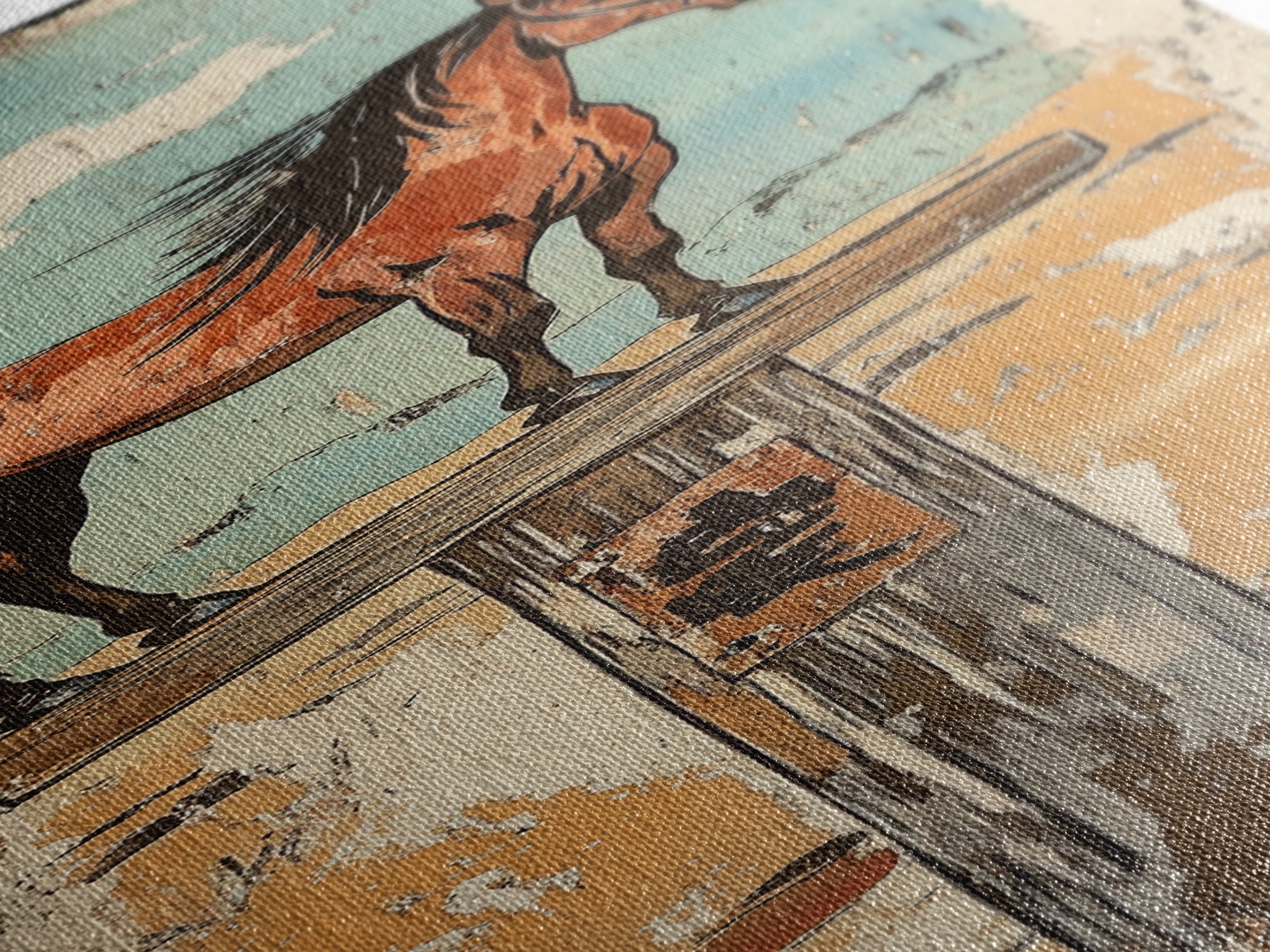Bay Horse On Rustic Post Wall Art, Japanese Equestrian Canvas Print, Western Farmhouse Decor, Long Narrow Wall Decor Gift