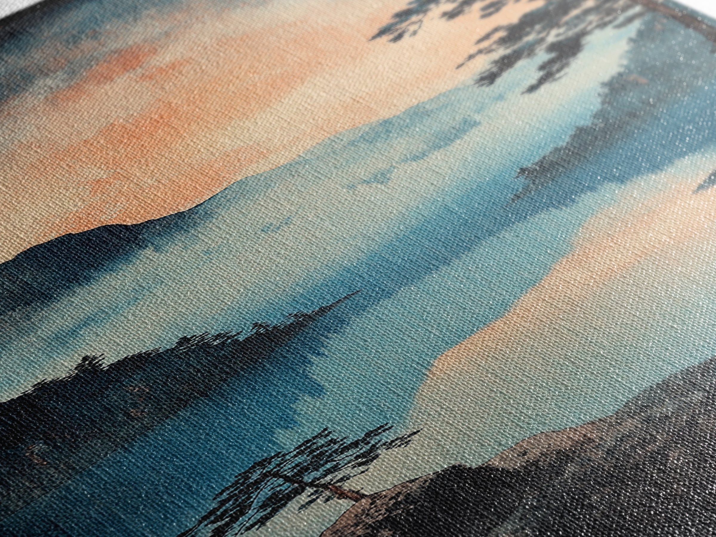 Misty Blue Mountain Lake Wall Art, Japanese Landscape Print, Serene Nature Decor, Long Narrow Canvas For Living Room Wall Decor