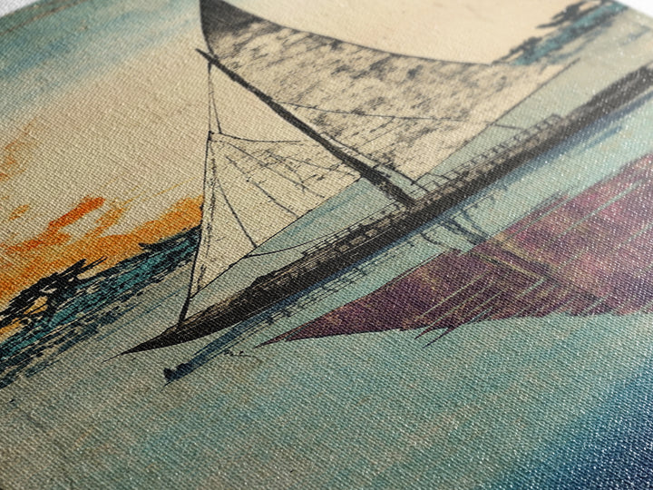 White Sailboat Reflected On Calm Blue Water Wall Art, Japanese Coastal Print, Nautical Decor, Long Narrow Living Room Art