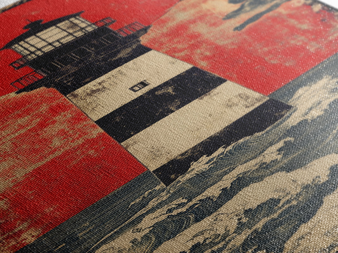 Striped Lighthouse Beneath Red Sun Wall Art, Nautical Canvas Print, Ocean Wall Decor, Coastal Home Decor, Statement Gift