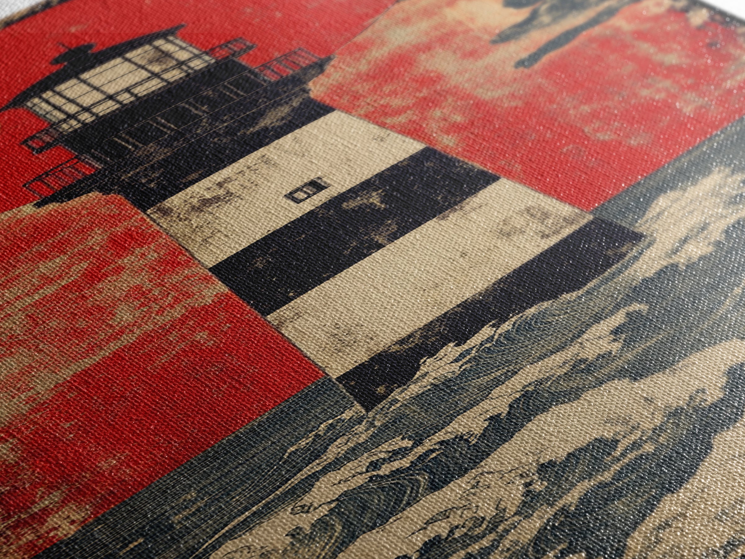 Striped Lighthouse Beneath Red Sun Wall Art, Nautical Canvas Print, Ocean Wall Decor, Coastal Home Decor, Statement Gift