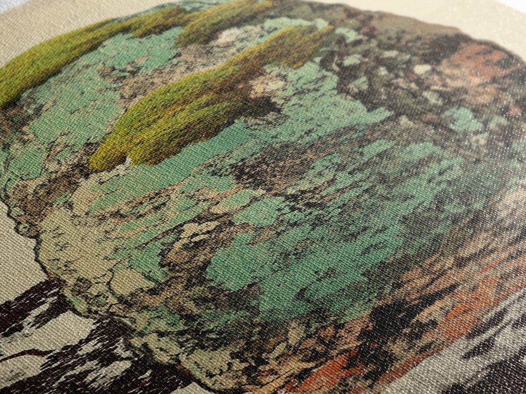 Mossy Zen Stone Monolith Wall Art, Japanese Wabi Sabi Landscape Print, Tall Narrow Canvas For Meditation Room Decor Gift