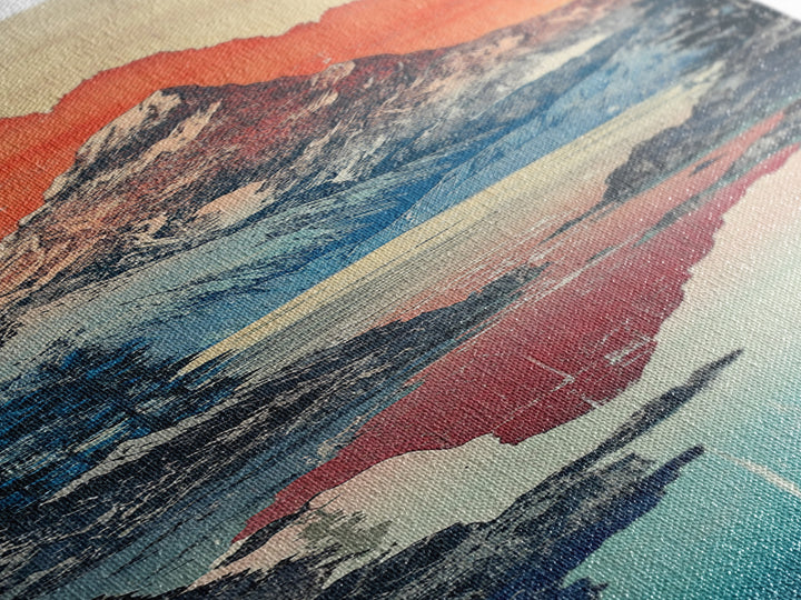 Snowy Mountain Lake Reflection Wall Art, Japanese Woodblock Landscape Print, Blue Teal Canvas For Cabin Living Room Decor