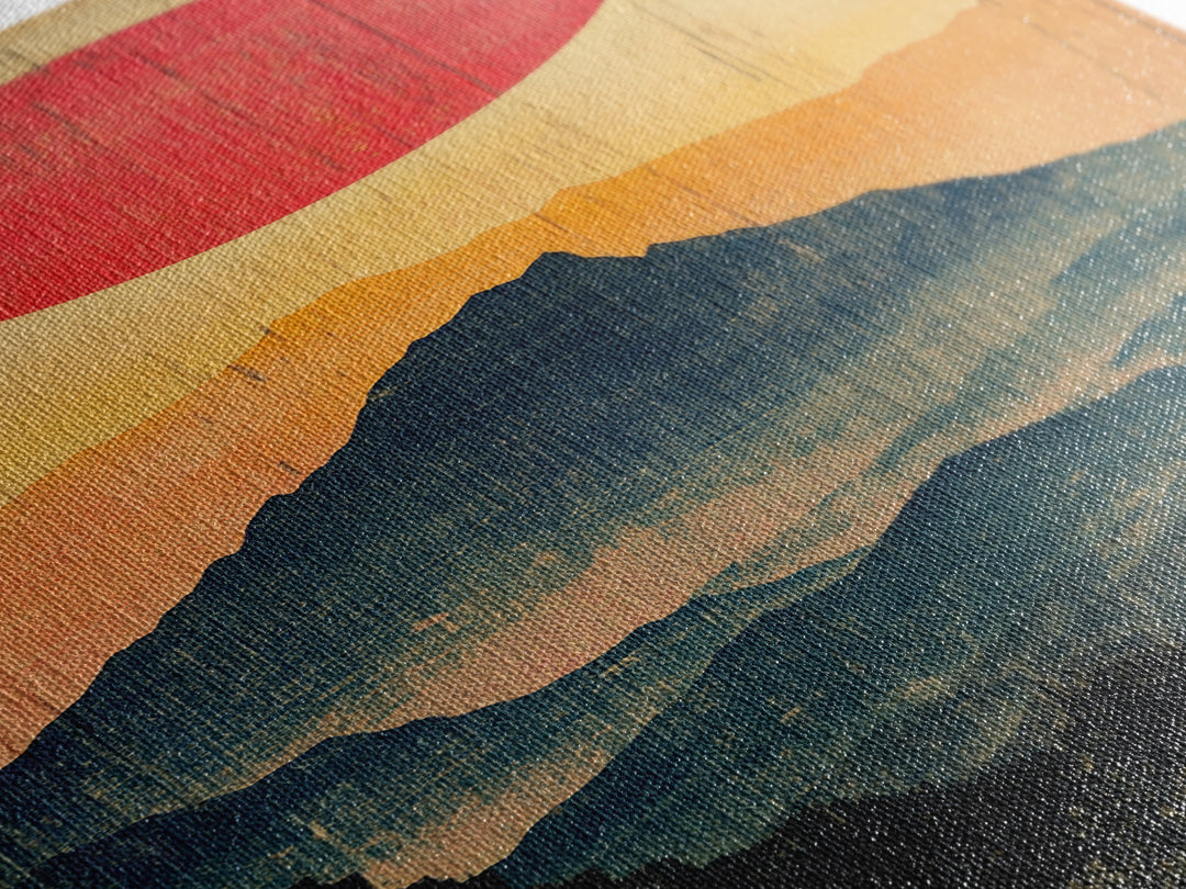 Red Sun Layered Mountain Silhouette Wall Art, Minimalist Japanese Landscape Print, Tall Narrow Canvas For Zen Home Decor