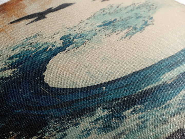 Teal Ocean Wave With Flying Birds Wall Art, Japanese Coastal Print For Bathroom Decor, Beach House Decor, And Gallery Wall